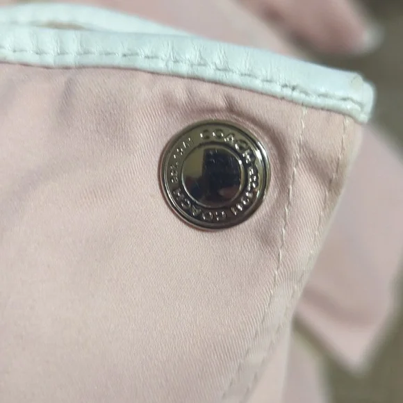 Pink and white Coach trench coat with leather trim and pearl buttons size 12